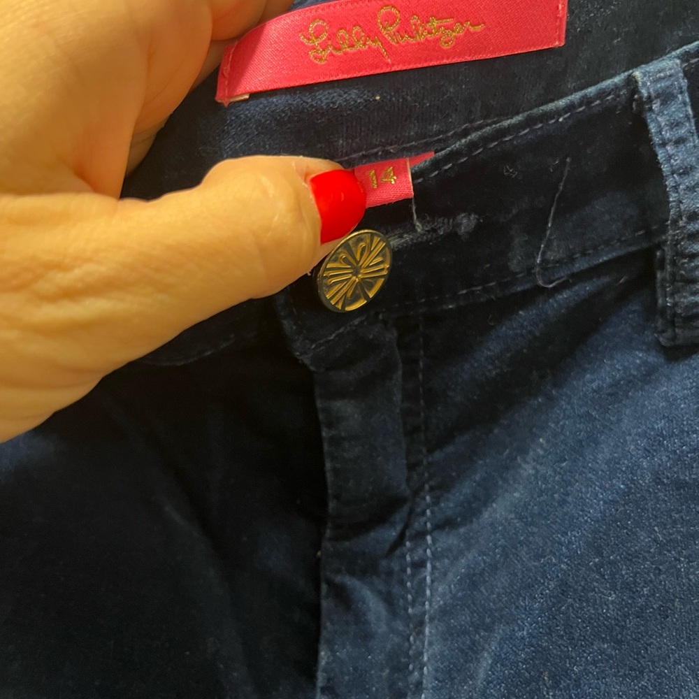 Lilly Pulitzer Navy Velvet Pants with Decorative Button